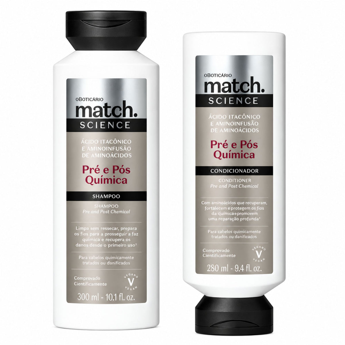 Duo O Boticário Match Science Pré e Pós-Química : shampoing 300 ml et après-shampoing 280 ml