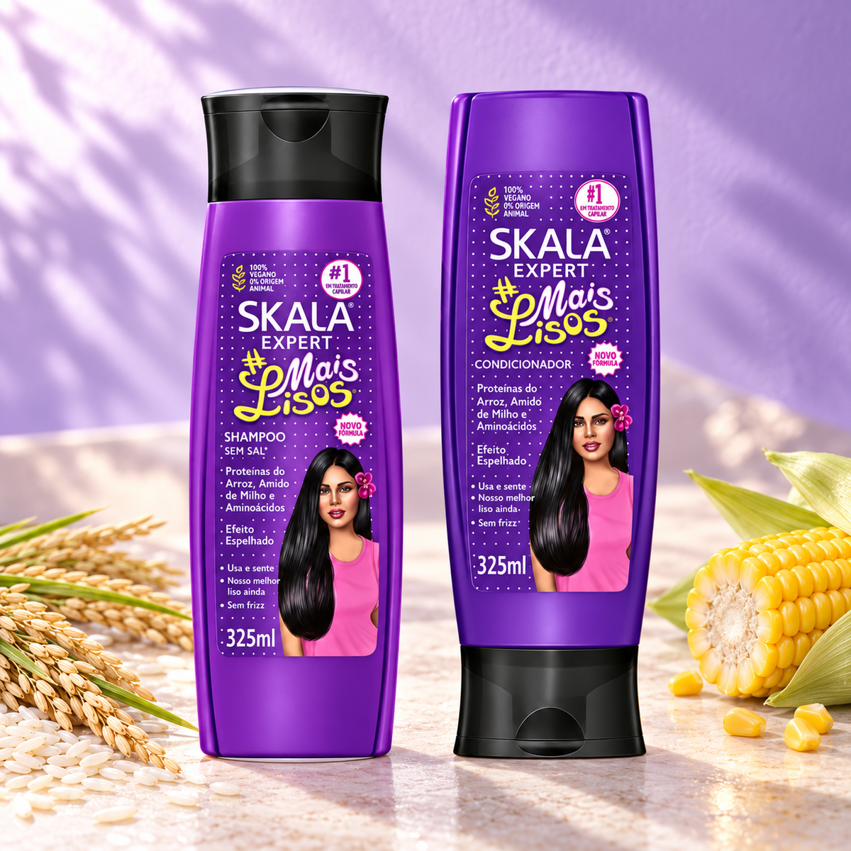 Duo Skala #Mais Lisos – Shampoing et après-shampoing 2 × 325 ml — mise en scène de la gamme