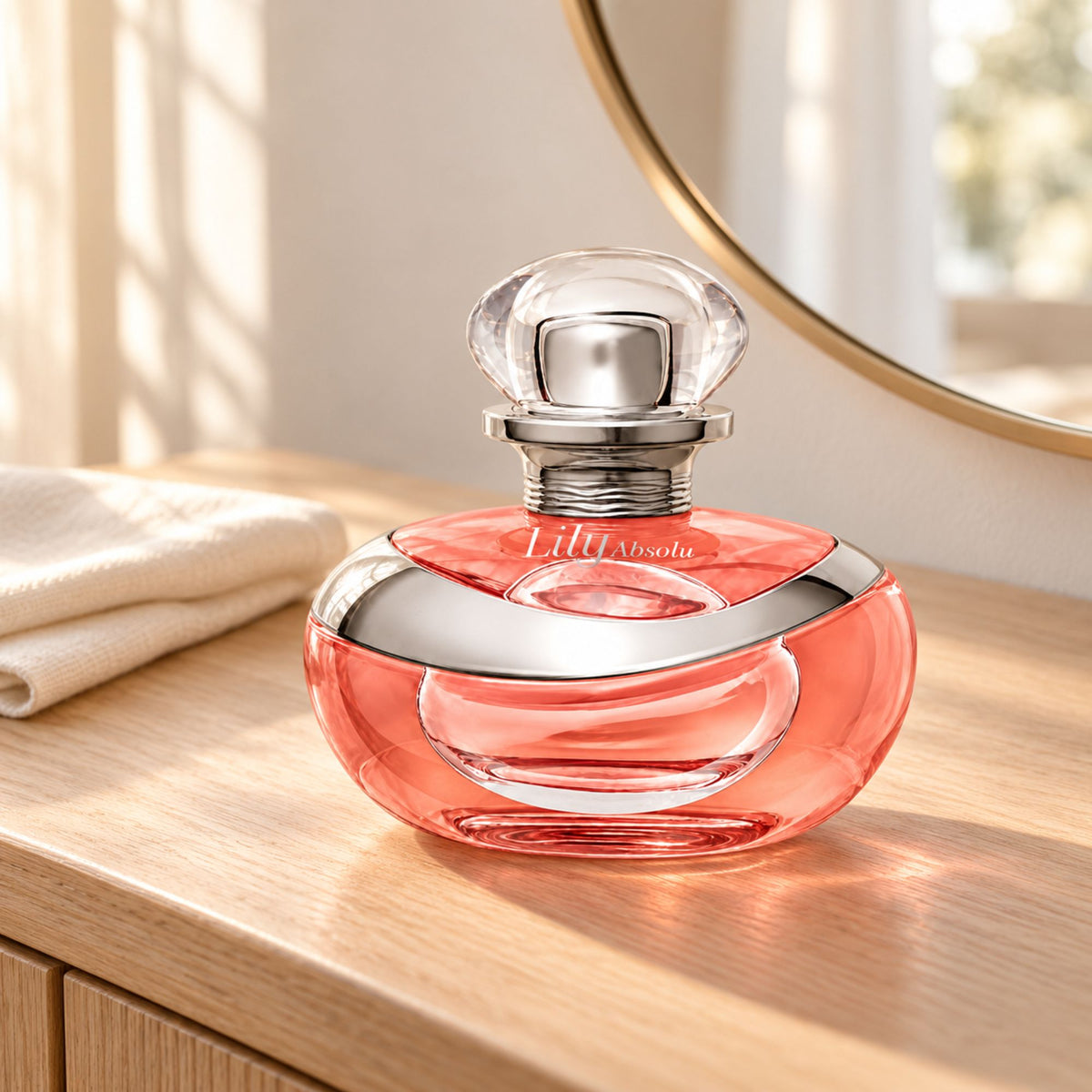 Eau de parfum Lily Absolu 75 ml dans un décor de salle de bain avec miroir