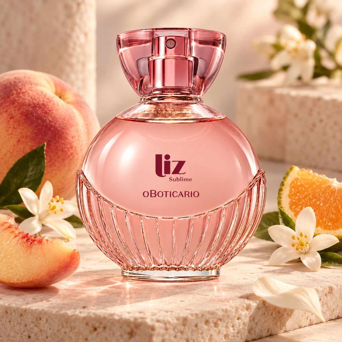Liz Sublime 100 ml dans un décor évoquant ses notes de pêche, d’agrumes et de fleurs