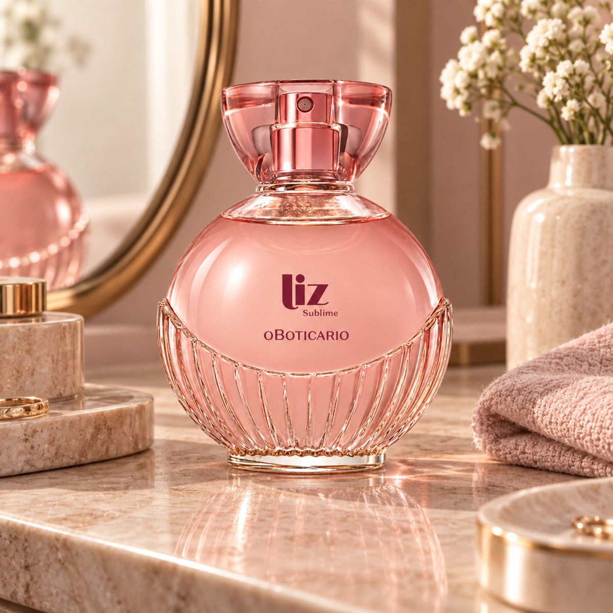 Flacon rose de Liz Sublime 100 ml posé devant un miroir