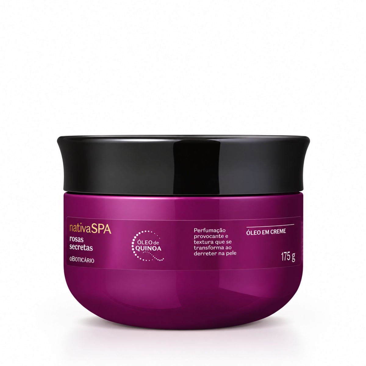 Huile crémeuse corps Nativa SPA Rosas Secretas 175 g, pot violet à couvercle noir sur fond blanc.