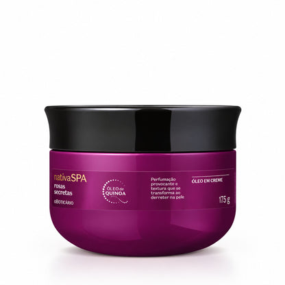 Huile crémeuse corps Nativa SPA Rosas Secretas 175 g, pot violet à couvercle noir sur fond blanc.