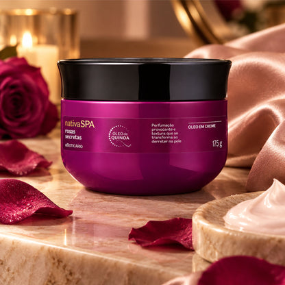 Huile crémeuse Nativa SPA Rosas Secretas 175 g avec roses, satin et texture crème dans un décor chaleureux.