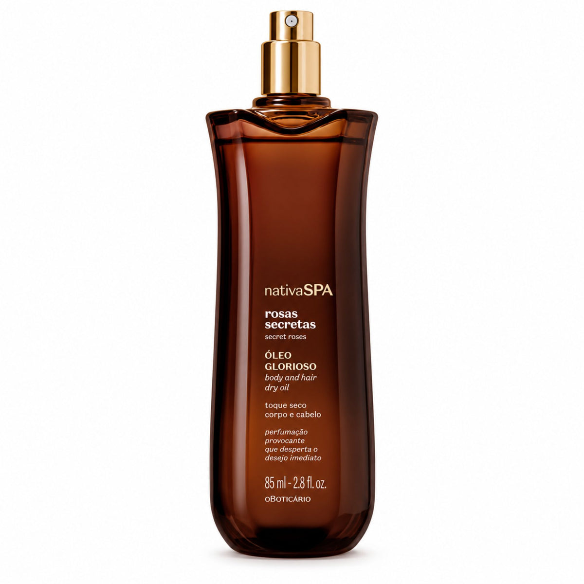 Huile multifonction Glorioso Nativa SPA Rosas Secretas 85 ml O Boticário, flacon ambré sur fond blanc