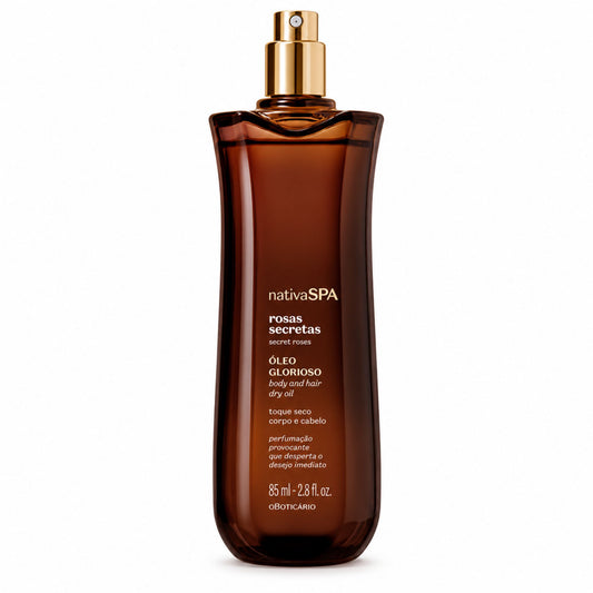 Huile multifonction Glorioso Nativa SPA Rosas Secretas 85 ml O Boticário, flacon ambré sur fond blanc