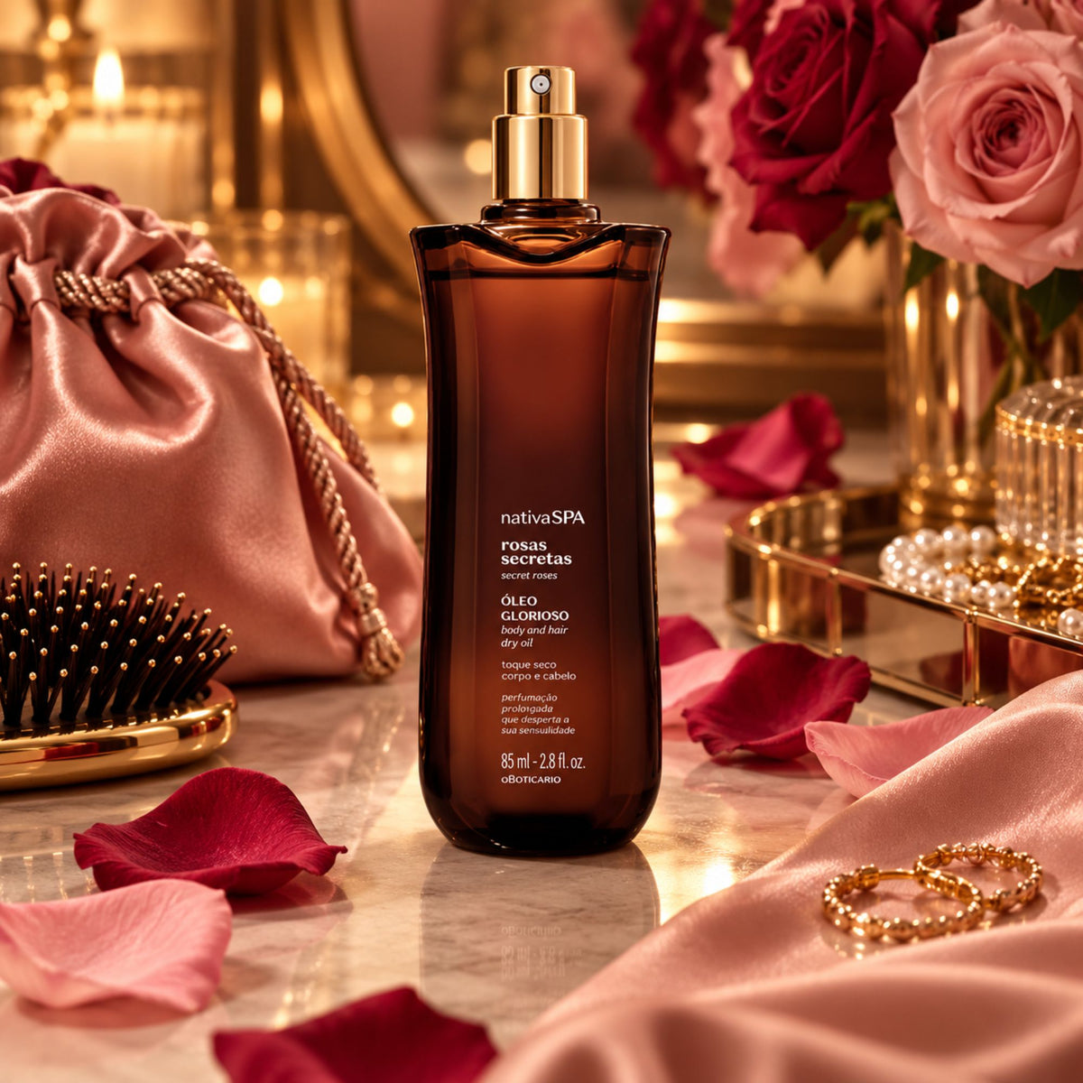 Huile sèche corps et cheveux Glorioso Rosas Secretas 85 ml avec roses et accessoires de soin
