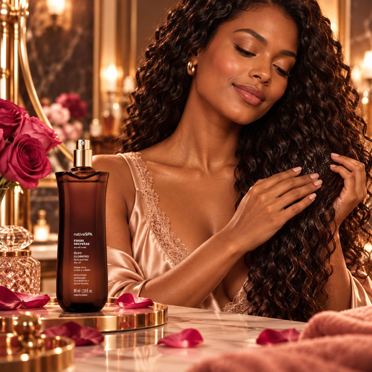 Femme appliquant l’huile Glorioso Nativa SPA Rosas Secretas sur les longueurs de ses cheveux