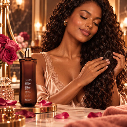 Femme appliquant l’huile Glorioso Nativa SPA Rosas Secretas sur les longueurs de ses cheveux