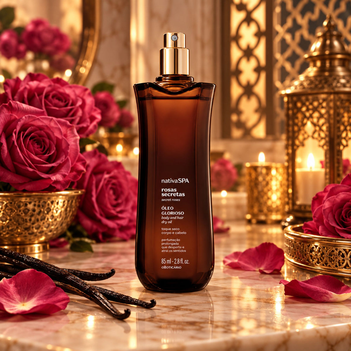 Huile multifonction Glorioso Nativa SPA Rosas Secretas 85 ml entourée de roses et de vanille