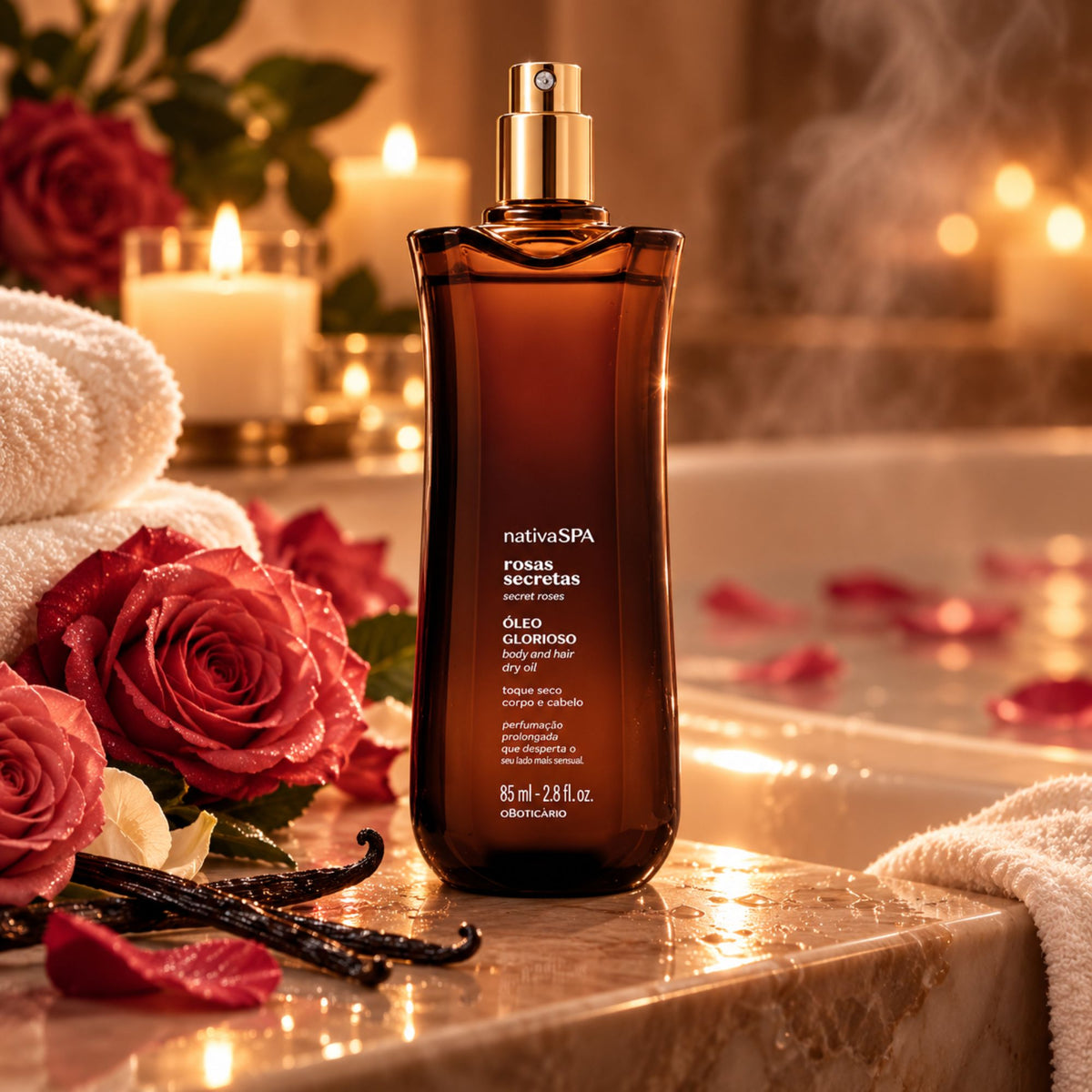 Huile sèche Glorioso Rosas Secretas 85 ml au bord du bain avec roses et serviettes