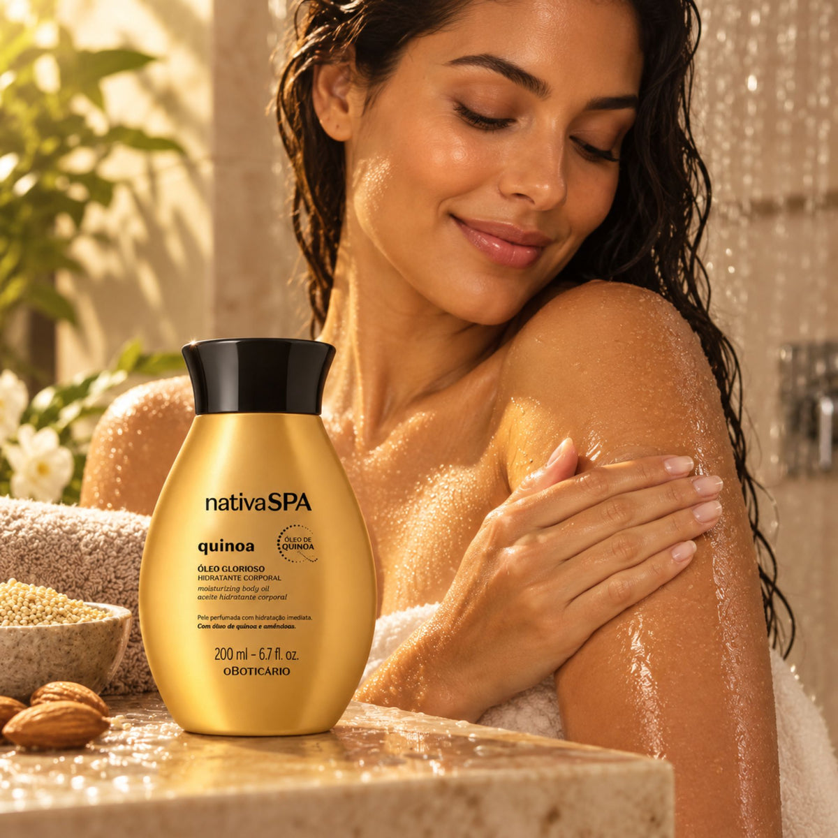 Application de l’huile corps Nativa SPA Quinoa sur le bras humide, avec le flacon 200 ml au premier plan.