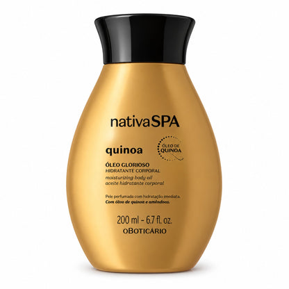 Huile hydratante corps Nativa SPA Quinoa 200 ml, flacon doré à bouchon noir sur fond blanc.
