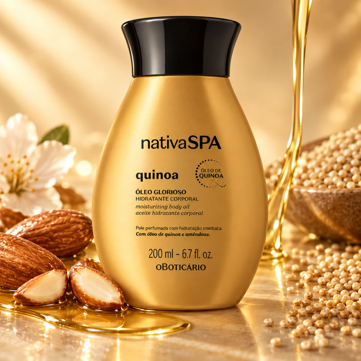 Huile corps Nativa SPA Quinoa 200 ml entourée d’amandes, de graines de quinoa et d’huile dorée.