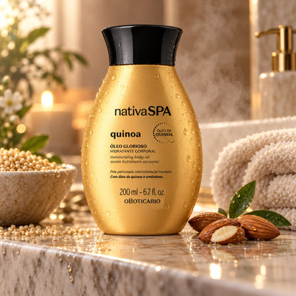Flacon d’huile Nativa SPA Quinoa 200 ml couvert de gouttelettes dans une salle de bain, avec quinoa et amandes.