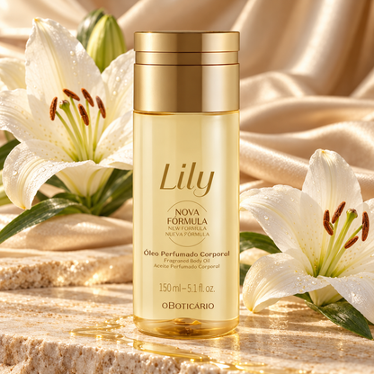 Huile corps Lily O Boticário 150 ml entourée de lys blancs, dans une ambiance dorée
