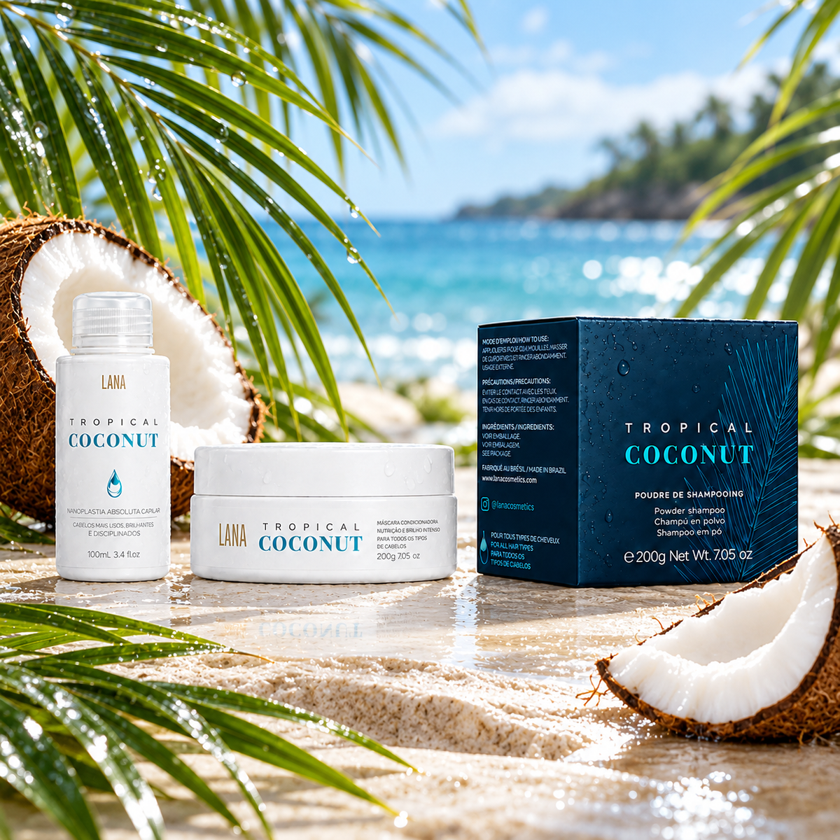 Kit Tropical Coconut Lana Brasiles, lissage 100 ml, masque 200 g et shampooing en poudre 200 g, entouré de noix de coco