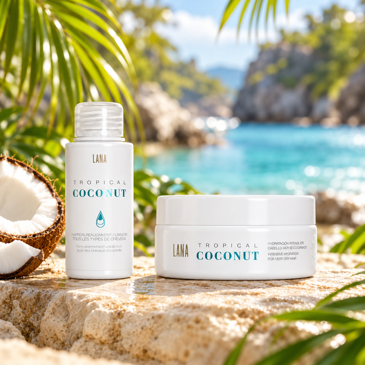 Kit Tropical Coconut Lana Brasiles, lissage 100 ml et masque, dans un décor de noix de coco et palmes