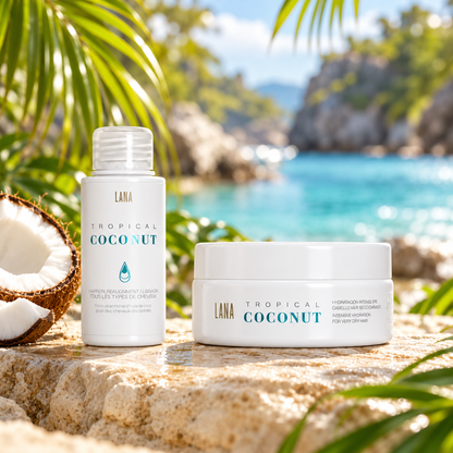Kit Tropical Coconut Lana Brasiles, lissage 100 ml et masque, dans un décor de noix de coco et palmes