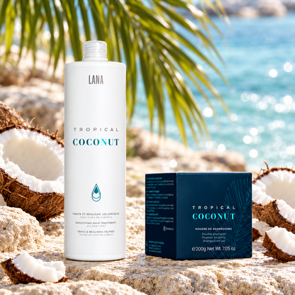 Kit Tropical Coconut Lana Brasiles, lissage 1 L et shampooing en poudre 200 g, dans un décor de noix de coco