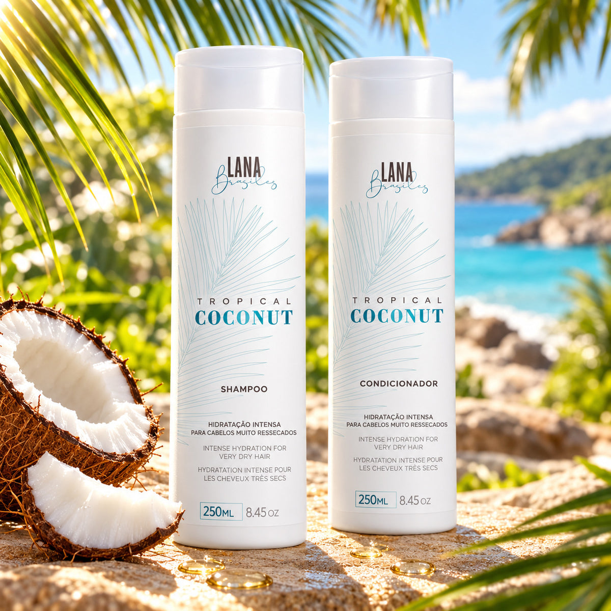 Kit Tropical Coconut – Shampooing 250 ml + Après-shampooing 250 ml (Lana Brasiles) — photographie d’ambiance 1