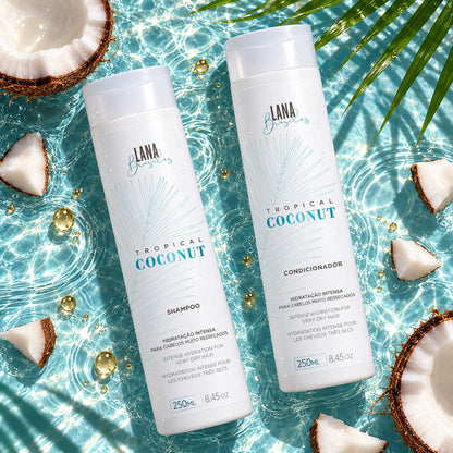 Kit Tropical Coconut – Shampooing 250 ml + Après-shampooing 250 ml (Lana Brasiles) — photographie d’ambiance 2