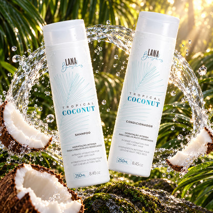 Kit Tropical Coconut – Shampooing 250 ml + Après-shampooing 250 ml (Lana Brasiles) — photographie d’ambiance 3
