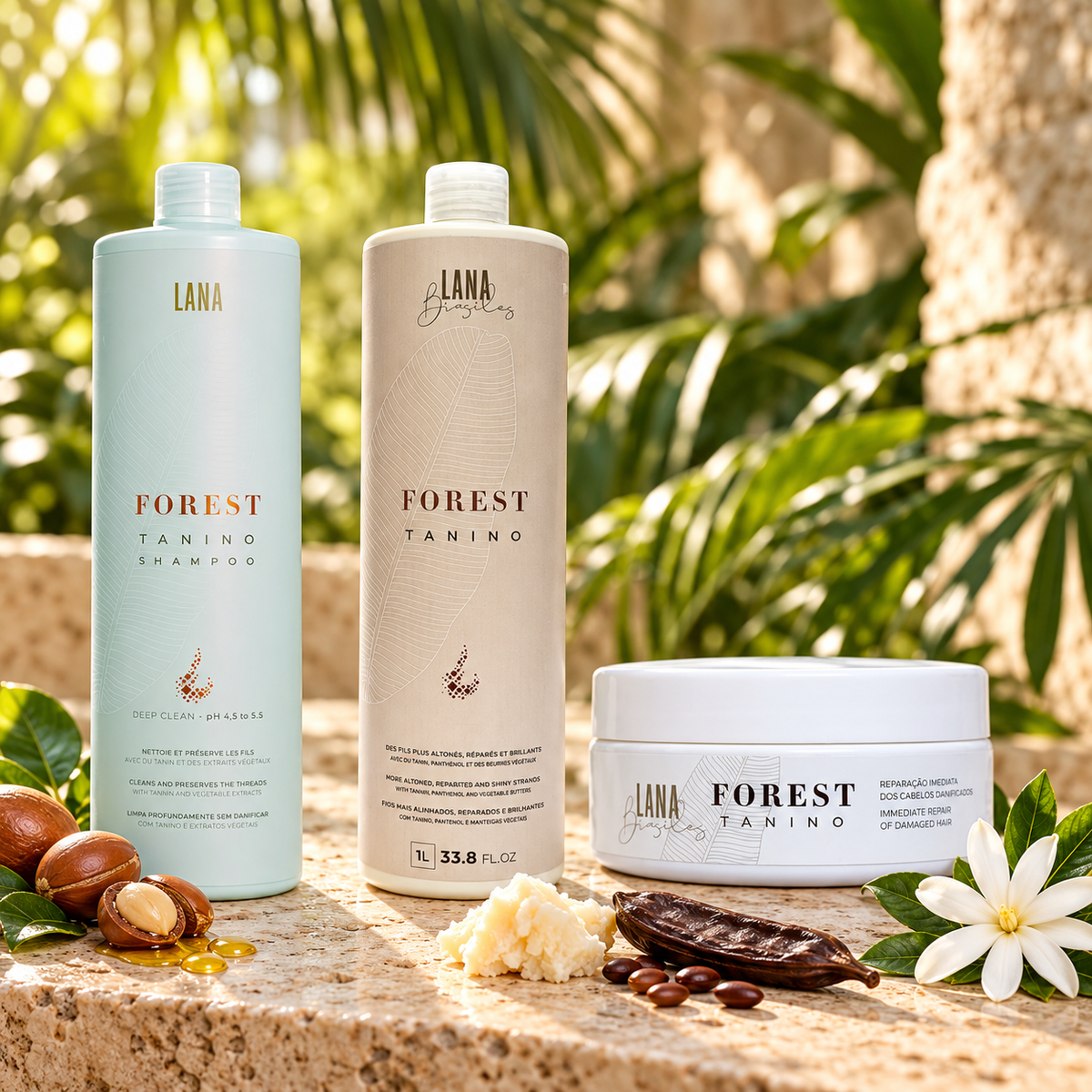 Exemple de composition Forest Tanino du Kit Complet Lissage Pro : shampooing 1 L, lissage 1 L et masque 200 g, avec argan, karité, caroube et tiaré.