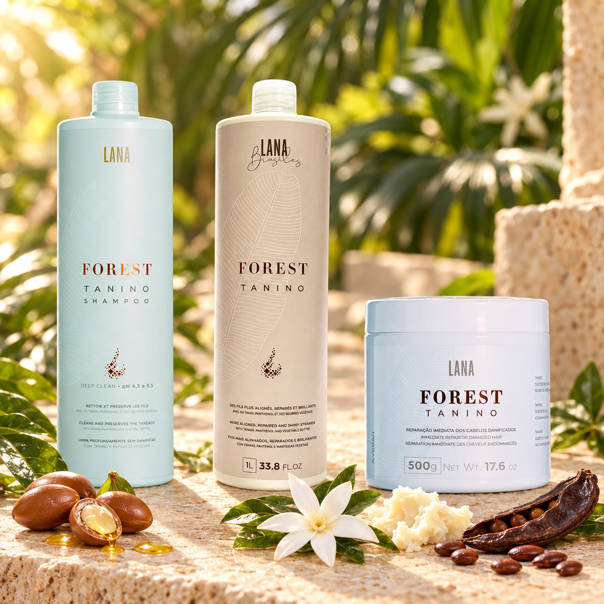 Exemple de composition Forest Tanino du Kit MAX Lissage Pro : shampooing 1 L, lissage 1 L et masque 500 g, avec argan, karité, caroube et tiaré.
