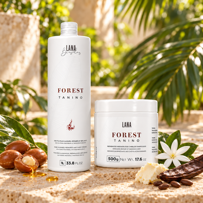 Duo Forest Tanino : lissage 1 L et masque réparateur 500 g, avec argan, karité, caroube et tiaré.