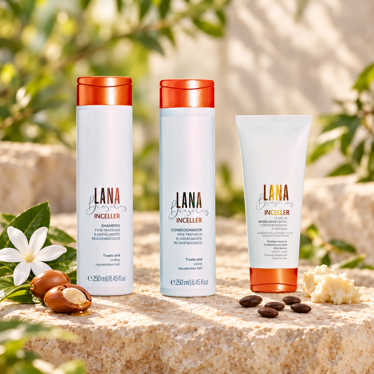 Kit Routine Inceller complet : shampoing, après-shampoing et leave-in Lana Brasiles, dans un décor naturel avec argan, karité, caroube et fleur de tiaré.