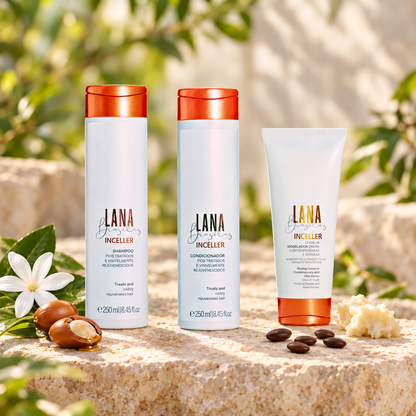 Kit Routine Inceller complet : shampoing, après-shampoing et leave-in Lana Brasiles, dans un décor naturel avec argan, karité, caroube et fleur de tiaré.