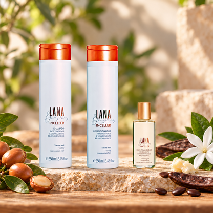 Kit Inceller Lana Brasiles complet : shampoing et après-shampoing 250 ml et huile de finition, dans un décor naturel d’argan, de karité, de caroube et de tiaré.