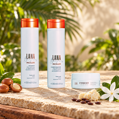 Kit complet Lana Brasiles : shampoing et après-shampoing Inceller 250 ml, masque Forest Tanino 200 g, dans un décor naturel d’argan, de karité, de caroube et de tiaré.