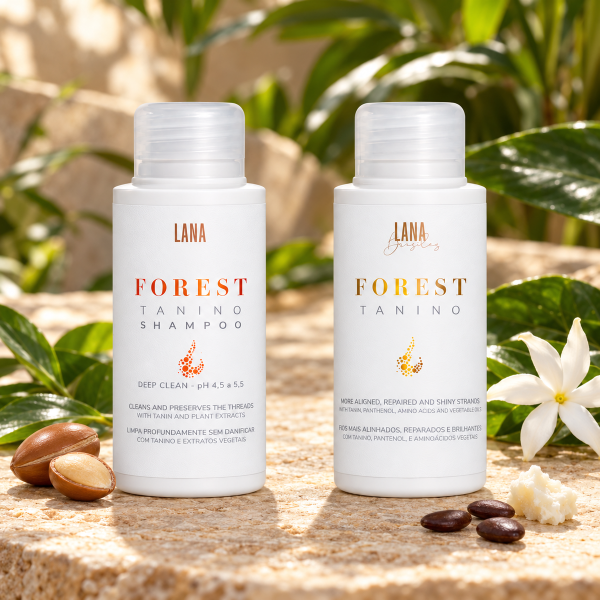 Kit Forest Tanino Lana Brasiles complet, shampooing et lissage 2 × 100 ml, dans un décor d’argan, karité, caroube et tiaré.