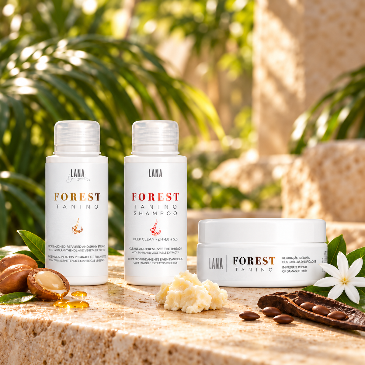 Kit Forest Tanino complet : lissage et shampooing 100 ml avec masque réparateur 200 g, dans une ambiance végétale avec argan, karité, caroube et tiaré.