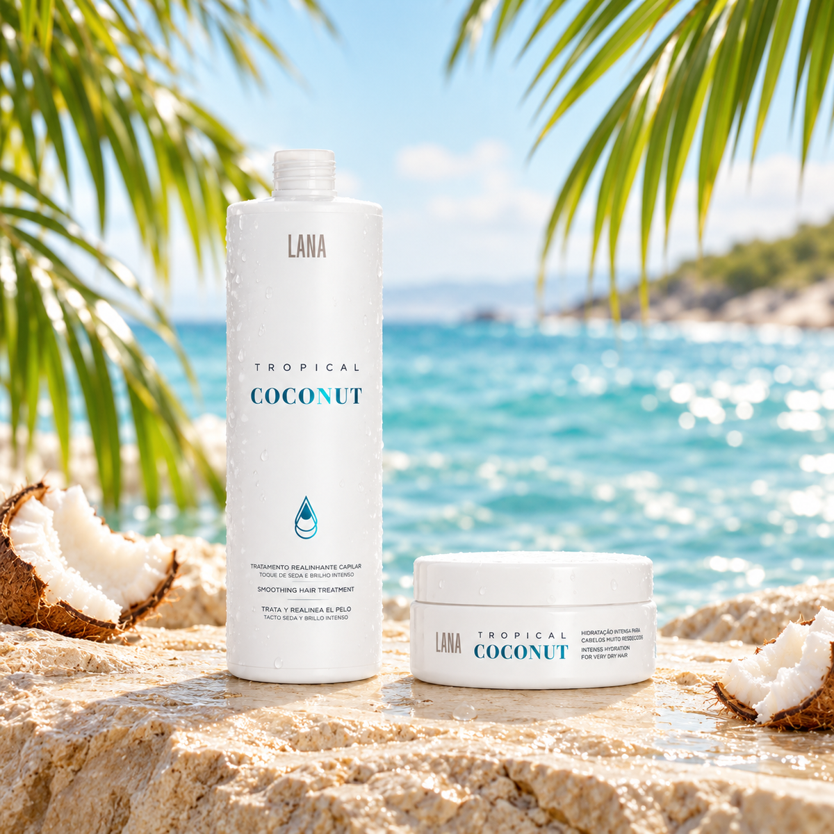 Kit Tropical Coconut Lana Brasiles : lissage 1 L et masque 200 g avec noix de coco et palmes.