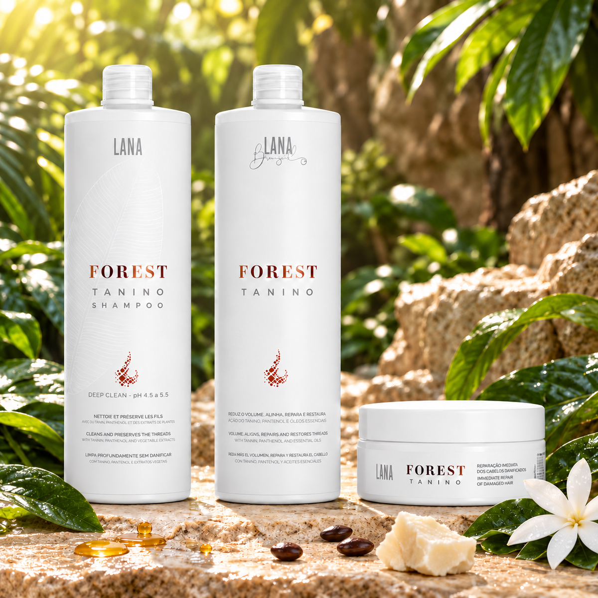 Kit complet Forest Tanino Lana Brasiles : shampooing 1 L, lissage 1 L et masque 200 g, avec tiaré, caroube et karité.