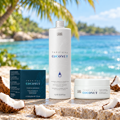 Kit complet Tropical Coconut Lana Brasiles : lissage 1 L, shampooing en poudre 200 g et masque 200 g avec noix de coco.