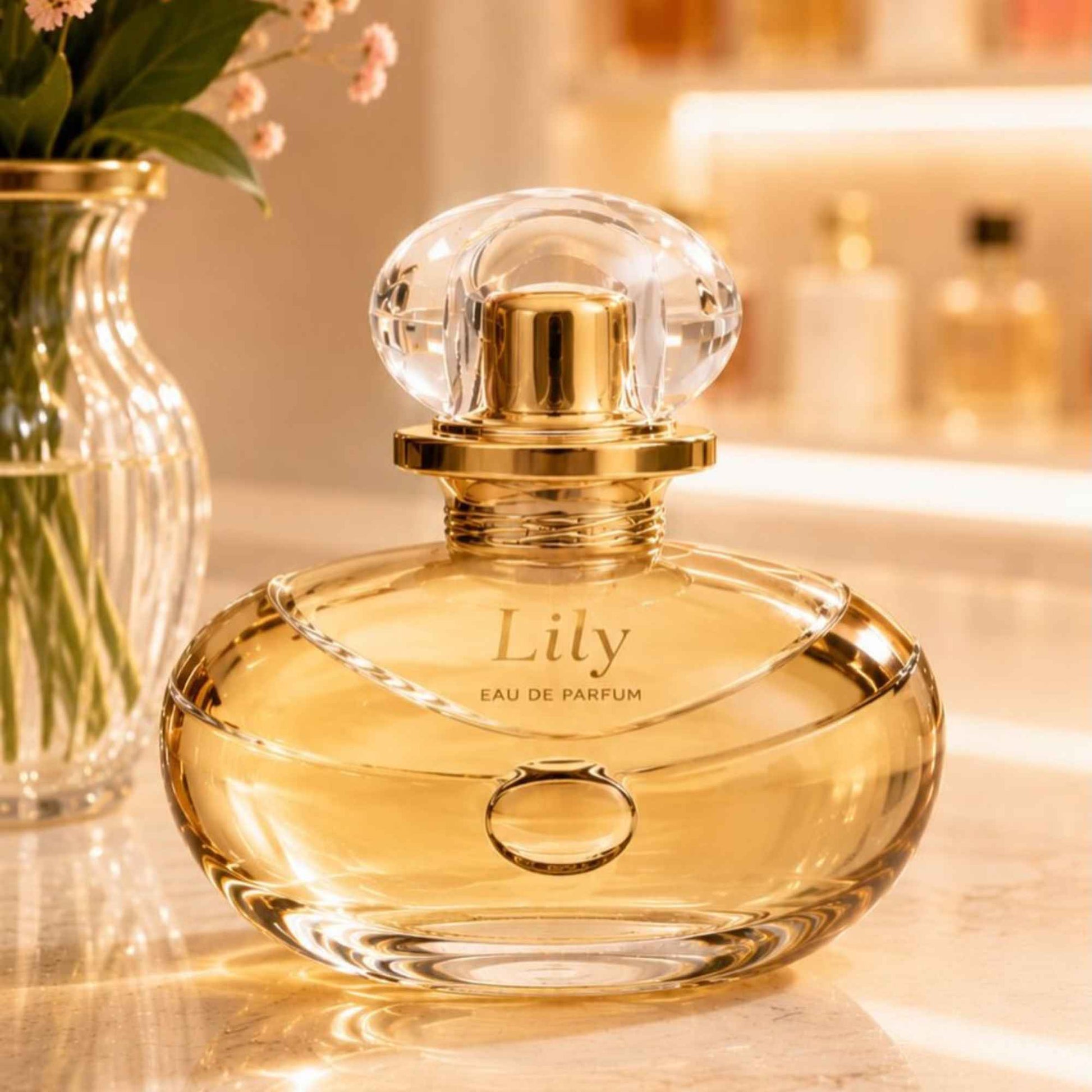 Eau de Parfum Lily 75 ml O Boticário — flacon doré entouré de lys blancs