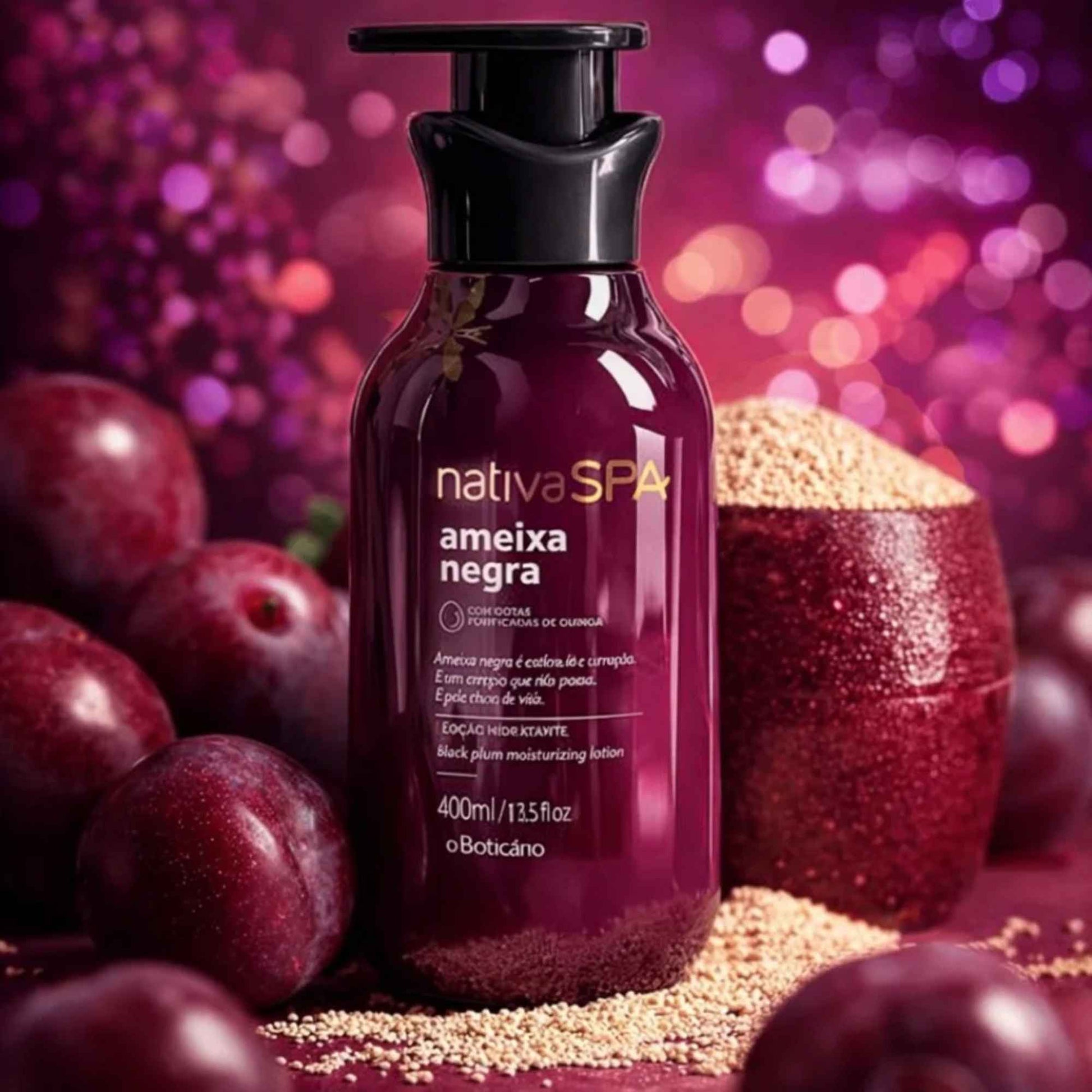 Lotion hydratante corps Nativa Spa Ameixa Negra 400 ml O Boticário — texture de la lotion