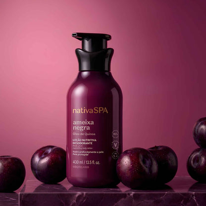 Lotion hydratante corps Nativa Spa Ameixa Negra 400 ml O Boticário — détail du flacon pompe