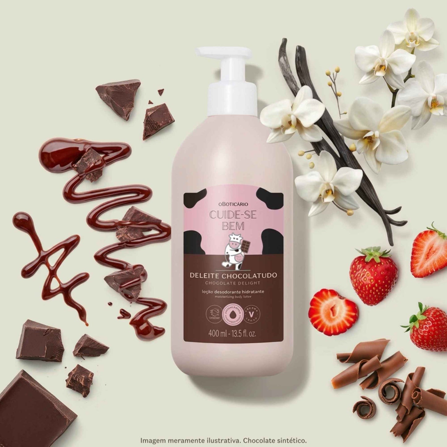 Lotion hydratante corps Deleite Chocolatudo 400 ml O Boticário — flacon de dos, étiquette visible