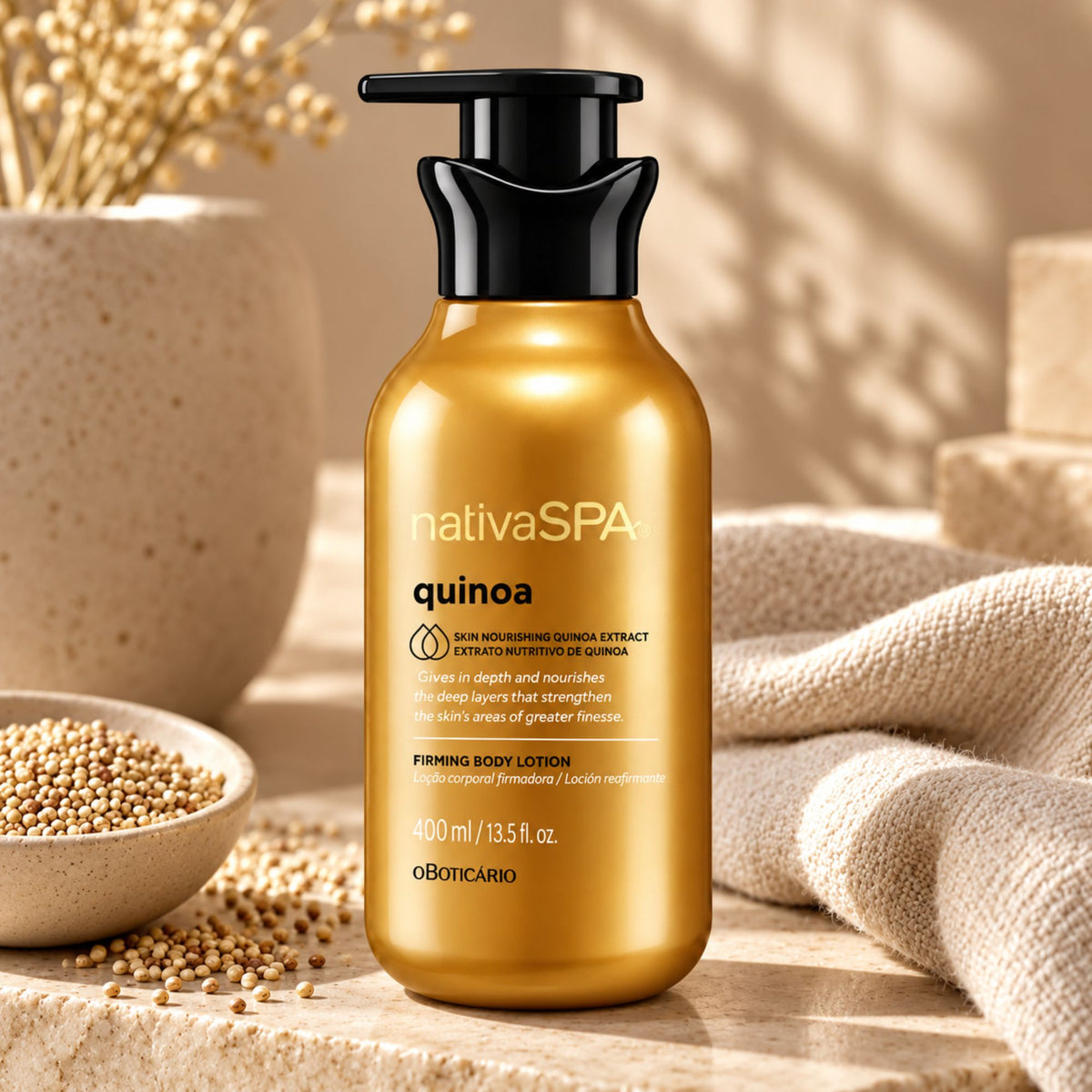 Flacon de lotion Nativa SPA Quinoa 400 ml avec des graines de quinoa et du linge