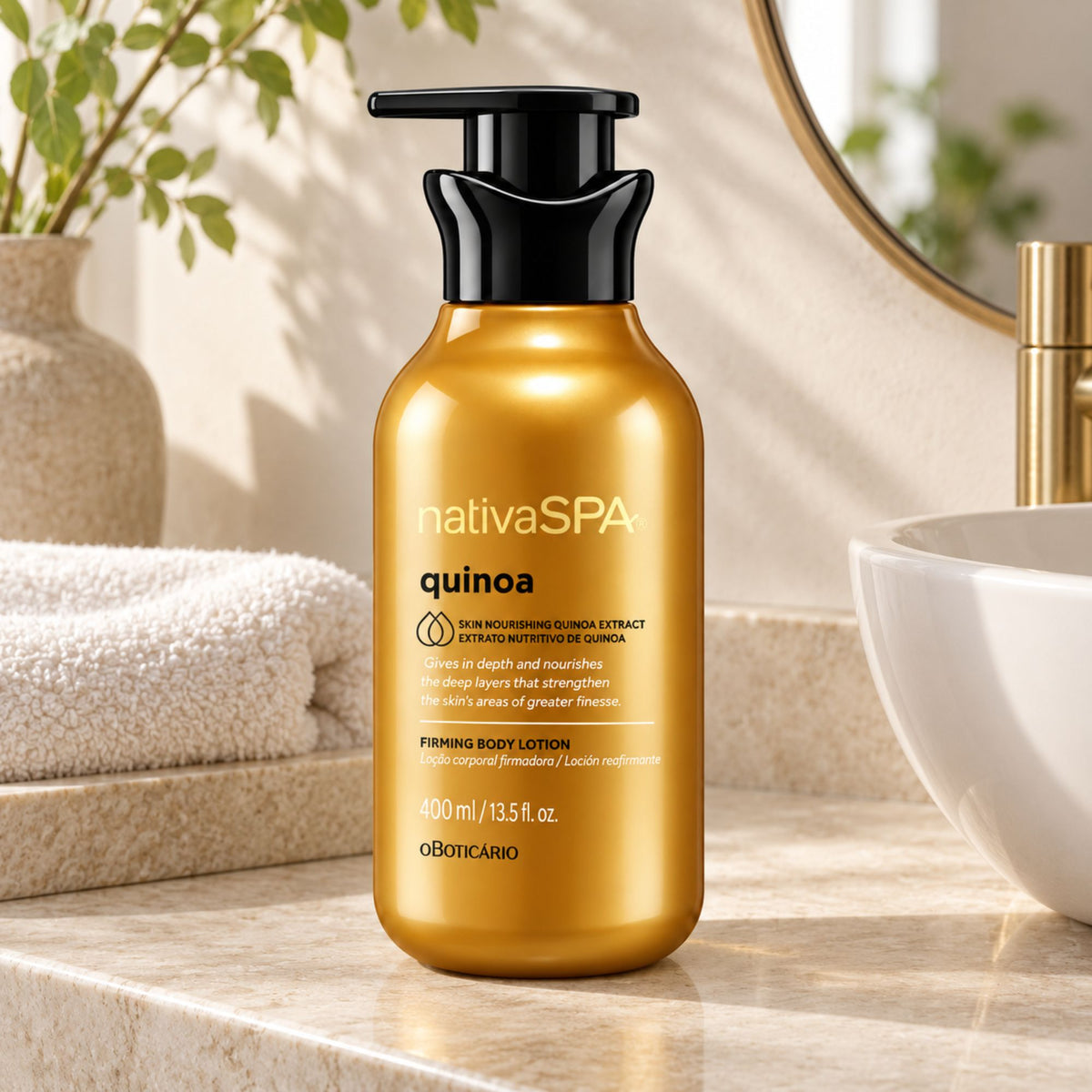 Lotion hydratante Nativa SPA Quinoa dans un décor de salle de bain