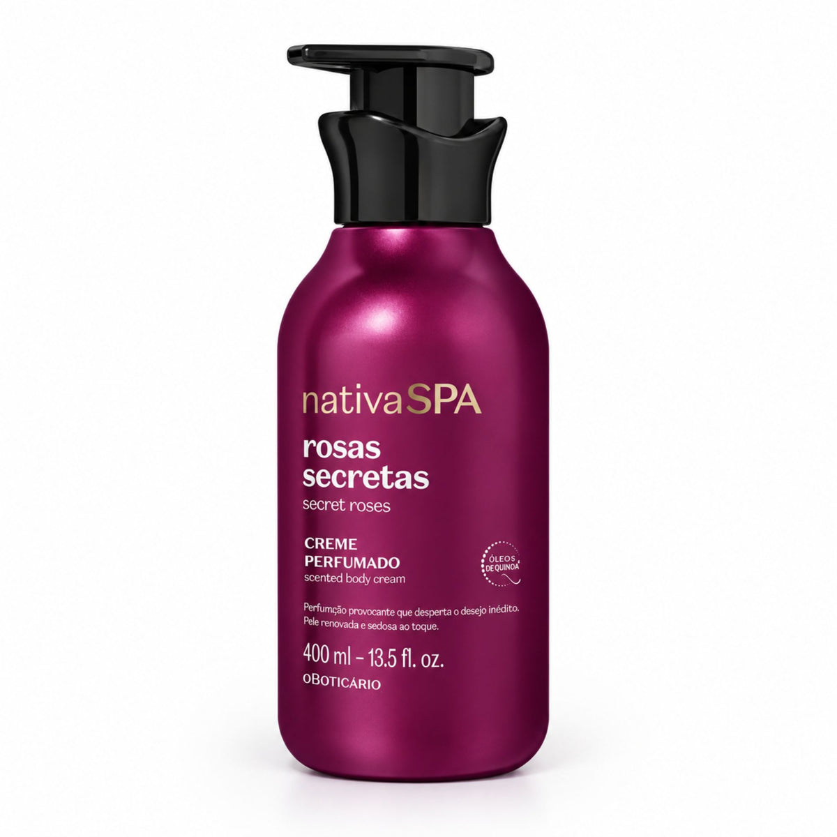 Flacon-pompe de lotion corps Nativa SPA Rosas Secretas O Boticário 400 ml sur fond blanc