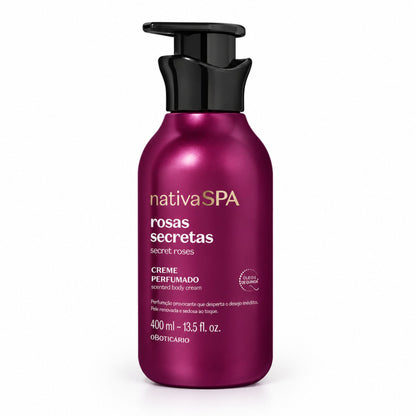 Flacon-pompe de lotion corps Nativa SPA Rosas Secretas O Boticário 400 ml sur fond blanc