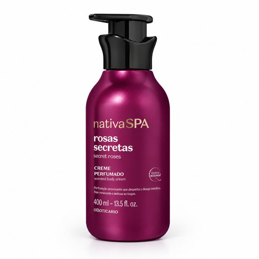 Flacon-pompe de lotion corps Nativa SPA Rosas Secretas O Boticário 400 ml sur fond blanc