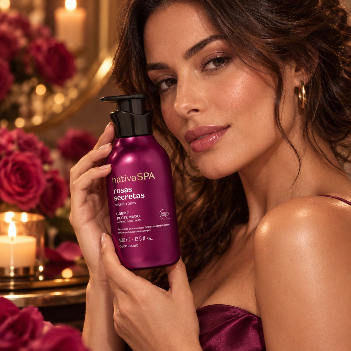 Femme tenant le flacon de lotion Nativa SPA Rosas Secretas 400 ml