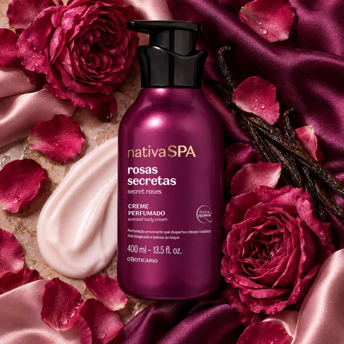 Lotion Nativa SPA Rosas Secretas 400 ml entourée de roses, vanille et texture crémeuse